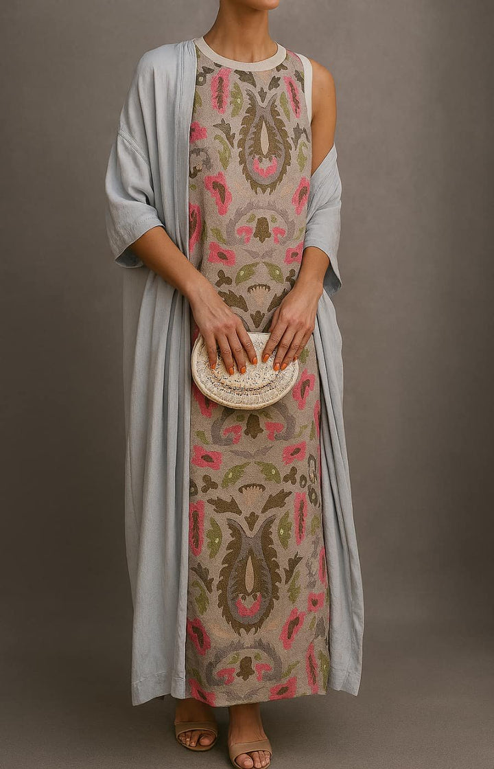 Damen Ärmelloses Florales Maxi-Kleid mit Mantel Set - Khaki