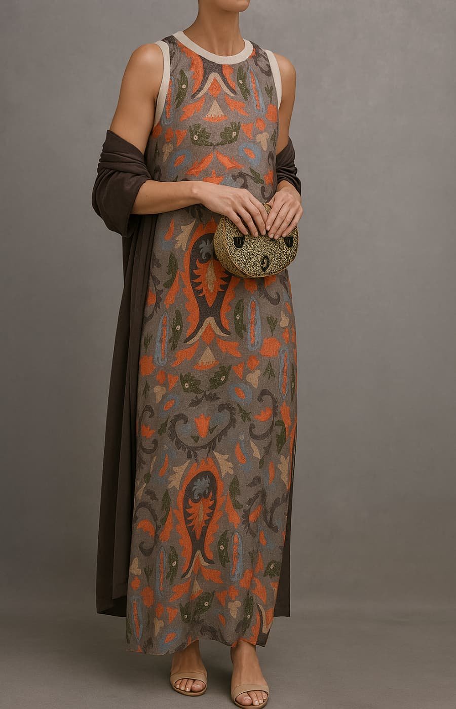 Damen Ärmelloses Florales Maxi-Kleid mit Mantel Set - Gray