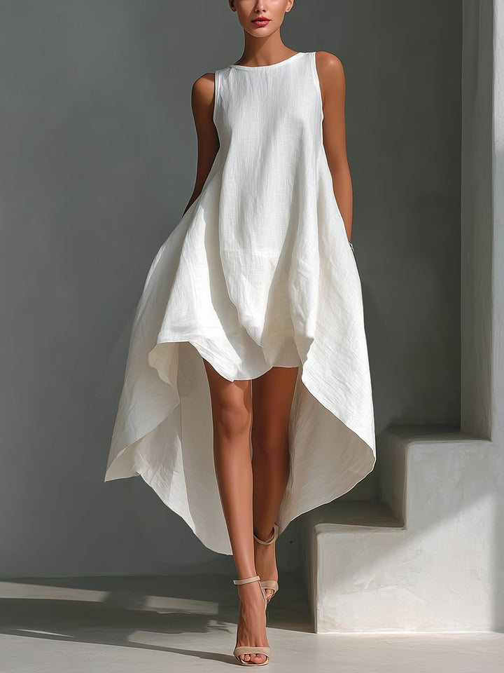 Damen Ärmelloses Leinen-Sommerkleid Asymmetrischer Saum Weiter Schnitt - White