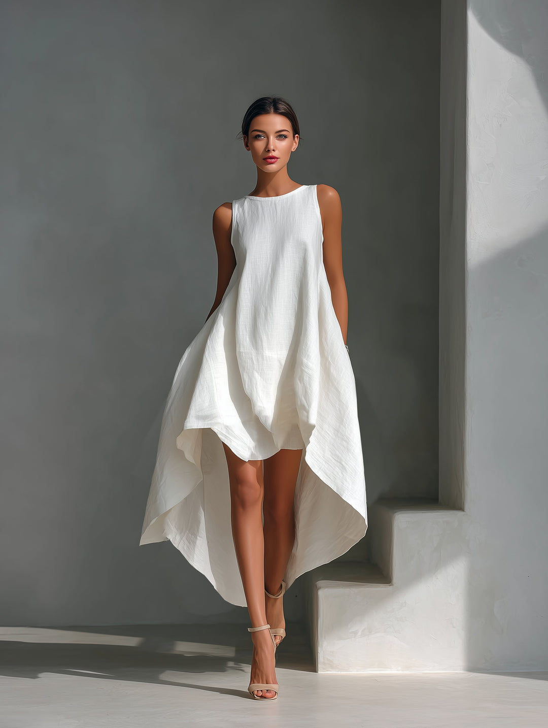 Damen Ärmelloses Leinen-Sommerkleid Asymmetrischer Saum Weiter Schnitt
