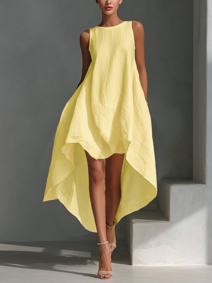 Damen Ärmelloses Leinen-Sommerkleid Asymmetrischer Saum Weiter Schnitt - Warm yellow
