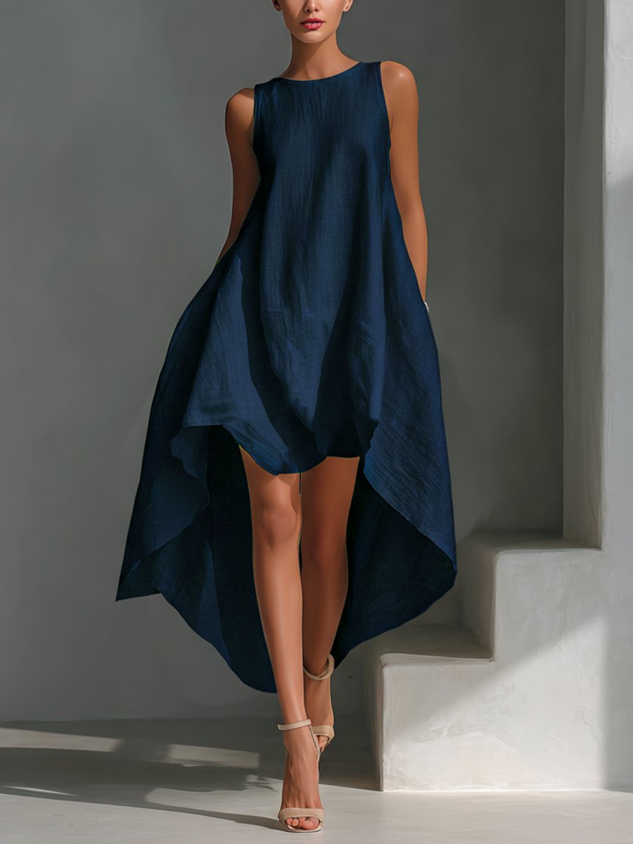 Damen Ärmelloses Leinen-Sommerkleid Asymmetrischer Saum Weiter Schnitt - Navy blue