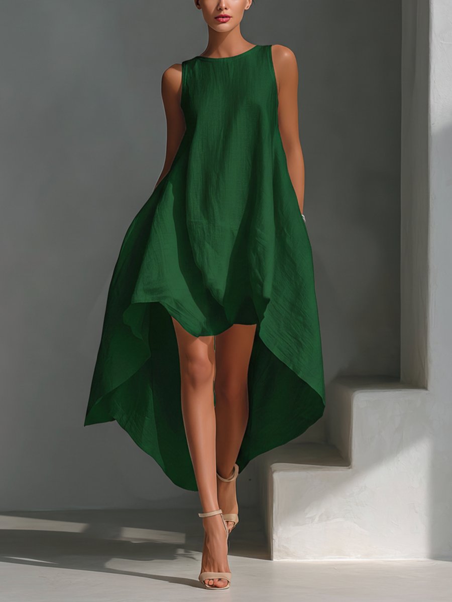 Damen Ärmelloses Leinen-Sommerkleid Asymmetrischer Saum Weiter Schnitt - Green