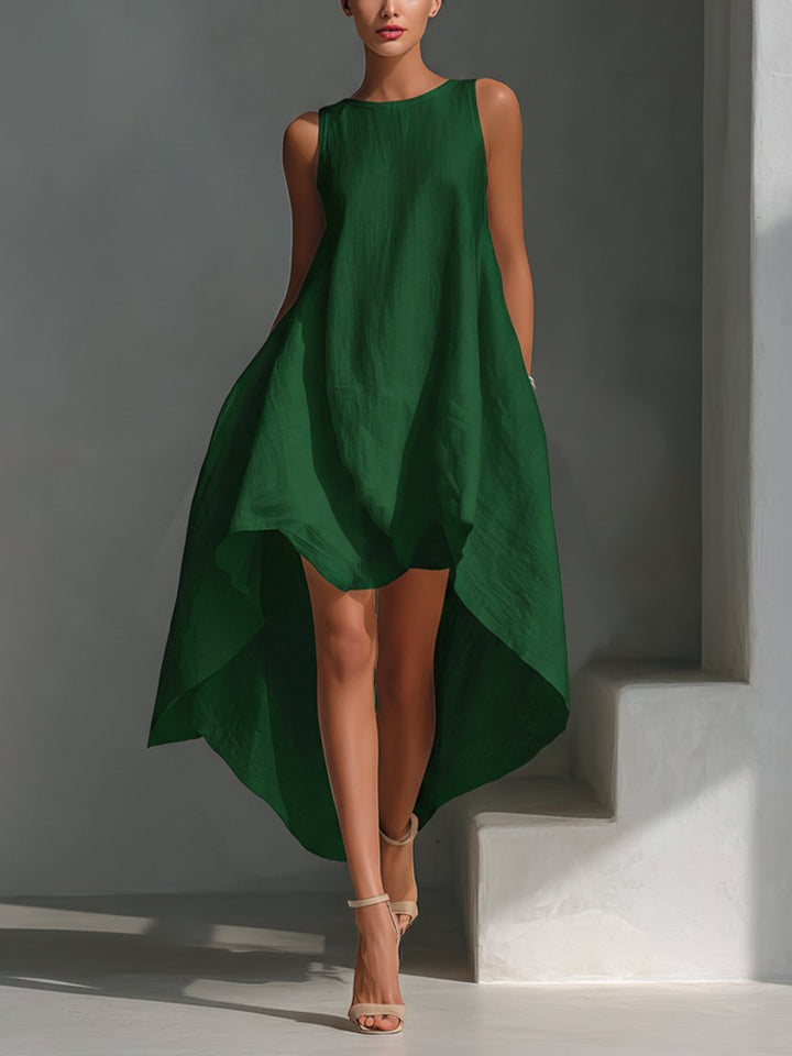 Damen Ärmelloses Leinen-Sommerkleid Asymmetrischer Saum Weiter Schnitt - Green
