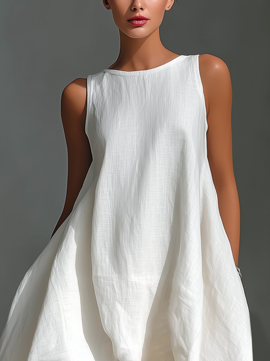 Damen Ärmelloses Leinen-Sommerkleid Asymmetrischer Saum Weiter Schnitt