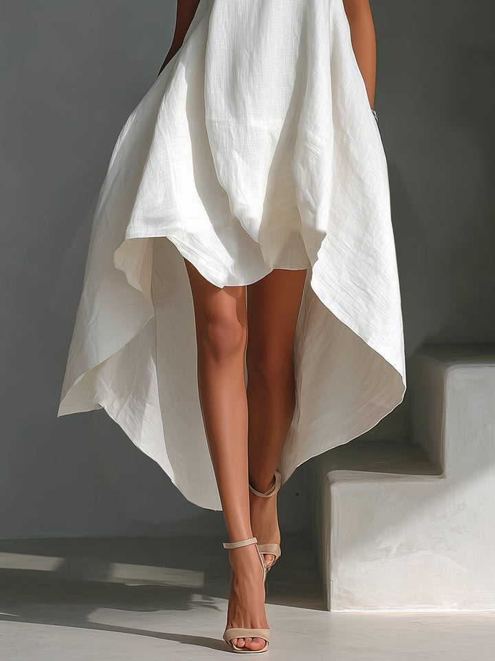 Damen Ärmelloses Leinen-Sommerkleid Asymmetrischer Saum Weiter Schnitt