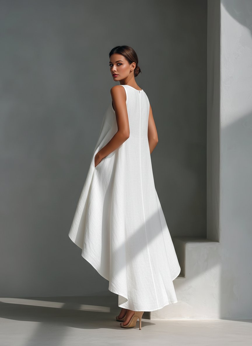 Damen Ärmelloses Leinen-Sommerkleid Asymmetrischer Saum Weiter Schnitt