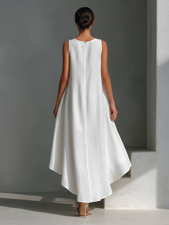 Damen Ärmelloses Leinen-Sommerkleid Asymmetrischer Saum Weiter Schnitt