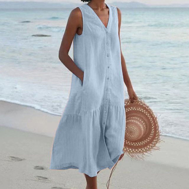 Damen ärmelloses Midi-Kleid mit V-Ausschnitt und Knopfleiste - Blue