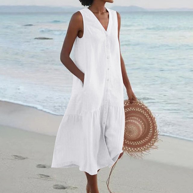 Damen ärmelloses Midi-Kleid mit V-Ausschnitt und Knopfleiste - White