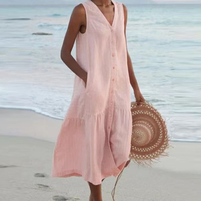 Damen ärmelloses Midi-Kleid mit V-Ausschnitt und Knopfleiste - Pink