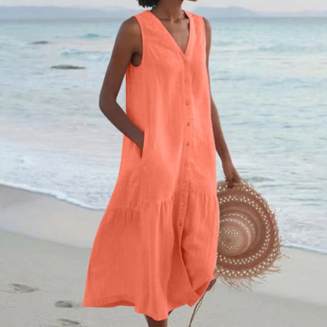 Damen ärmelloses Midi-Kleid mit V-Ausschnitt und Knopfleiste - Orange