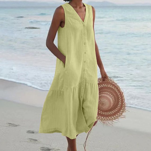 Damen ärmelloses Midi-Kleid mit V-Ausschnitt und Knopfleiste - Green