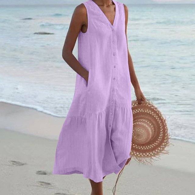 Damen ärmelloses Midi-Kleid mit V-Ausschnitt und Knopfleiste - Purple