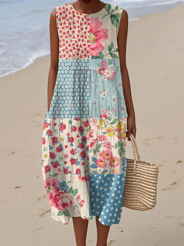 Damen Ärmelloses Patchwork Midi-Kleid mit Blumen- und Punktemuster - Multicolor