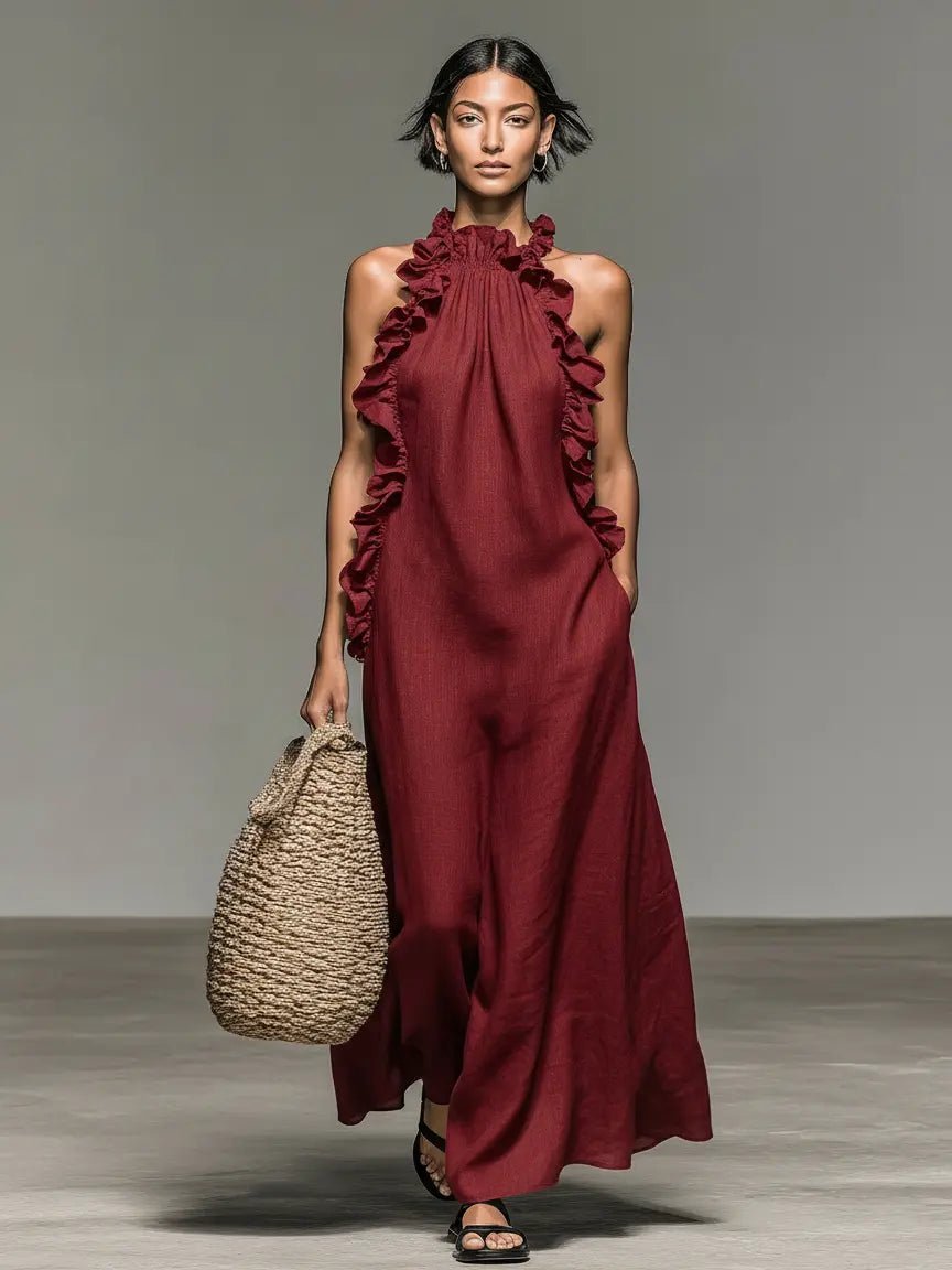 Damen Ärmelloses Rüschen Leinenmischung Maxikleid - Red