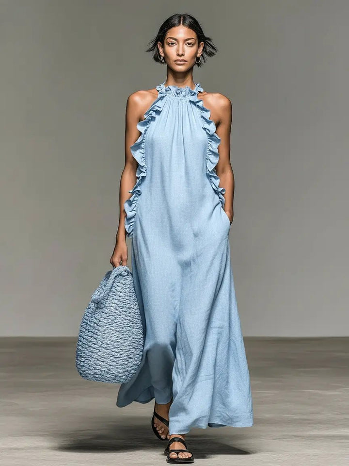 Damen Ärmelloses Rüschen Leinenmischung Maxikleid - Light Blue