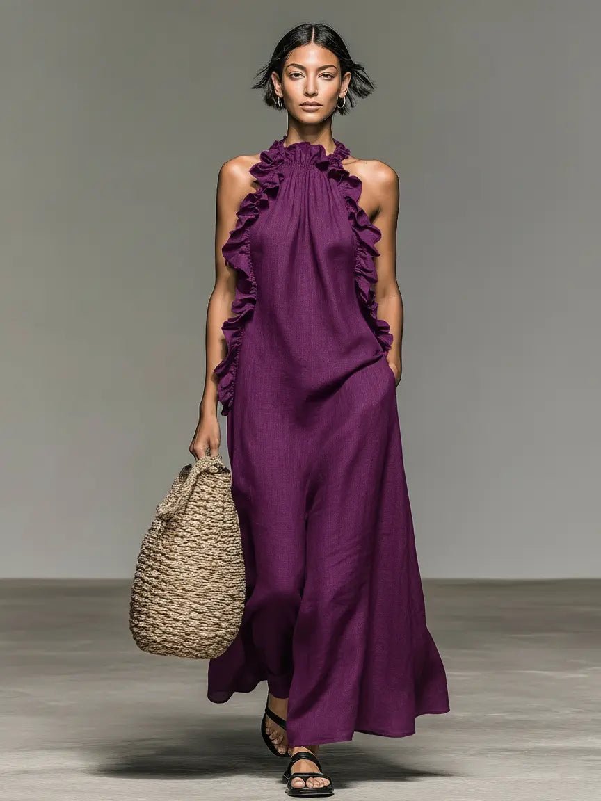 Damen Ärmelloses Rüschen Leinenmischung Maxikleid - Purple