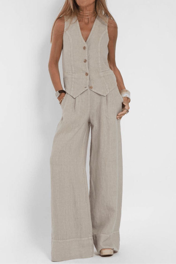 Damen Ärmelloses Weit Geschnittenes Two-Piece Set mit Weste - Beige