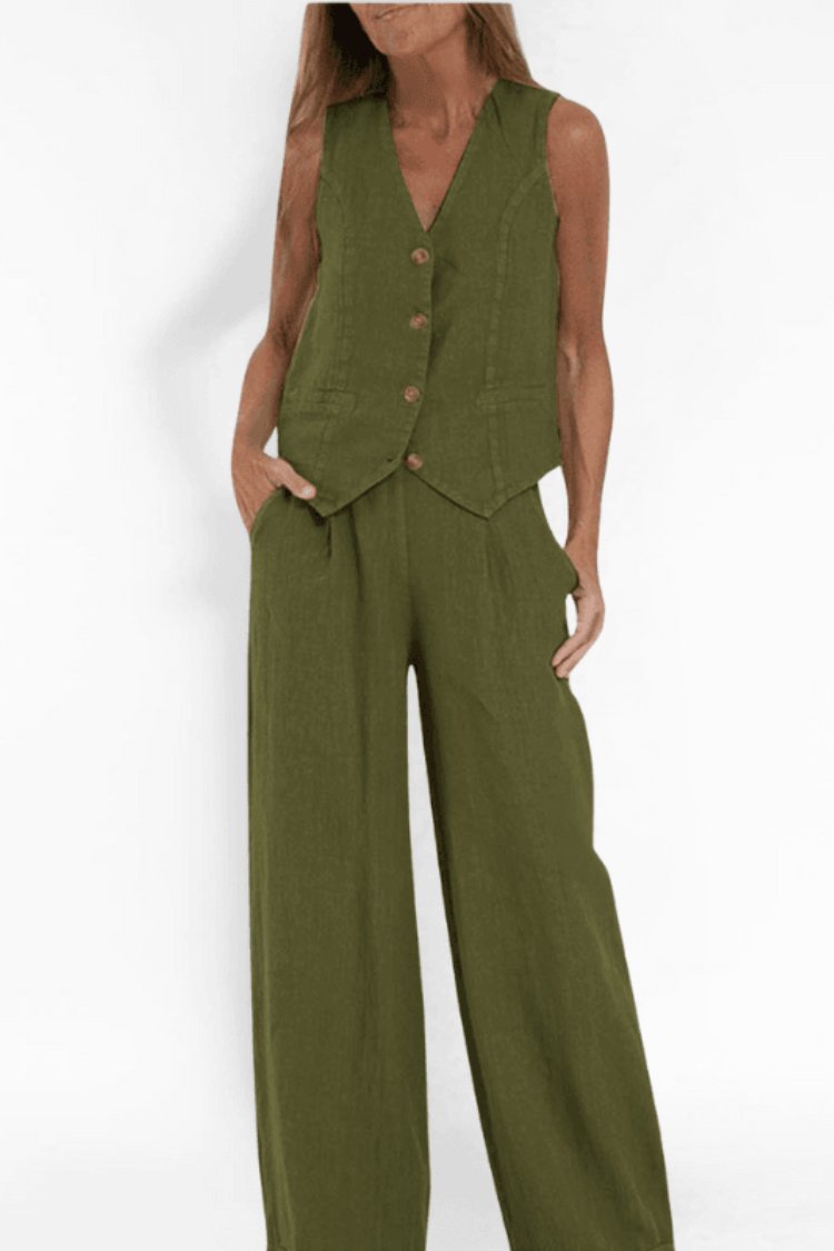 Damen Ärmelloses Weit Geschnittenes Two-Piece Set mit Weste - Green