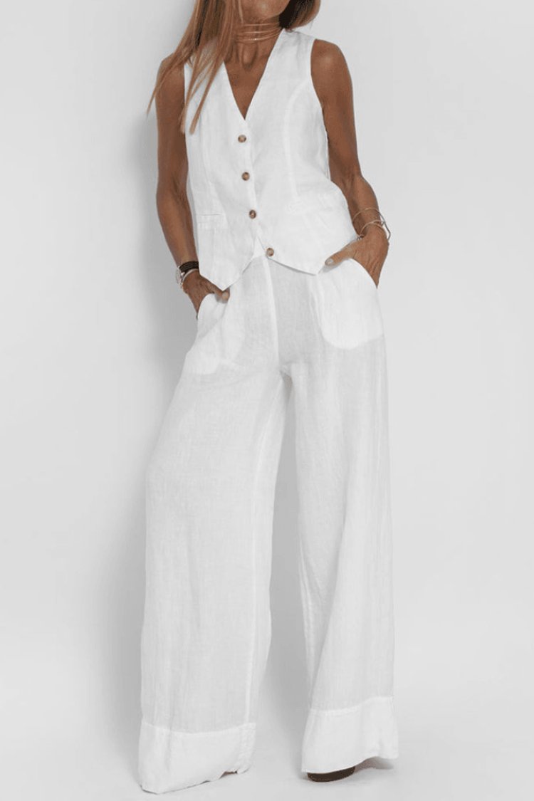 Damen Ärmelloses Weit Geschnittenes Two-Piece Set mit Weste - White