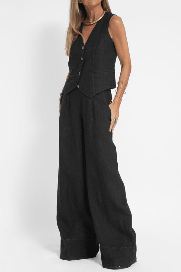 Damen Ärmelloses Weit Geschnittenes Two-Piece Set mit Weste - Black