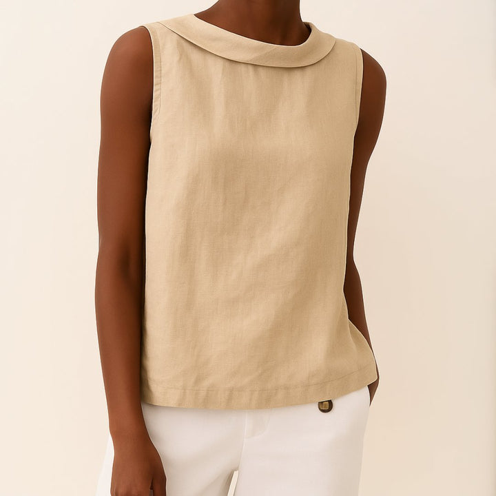Damen Rollkragen Ärmellose Linen Bluse - Beige