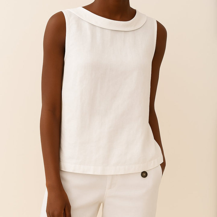 Damen Rollkragen Ärmellose Linen Bluse - White