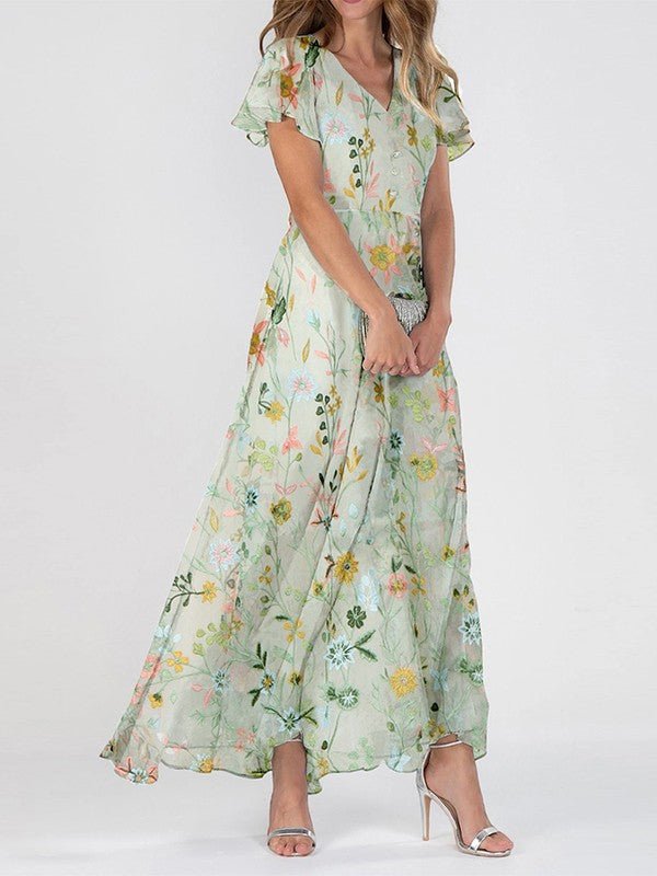 Damen Romantisches Blumen Maxi-Kleid V-Ausschnitt - Groen