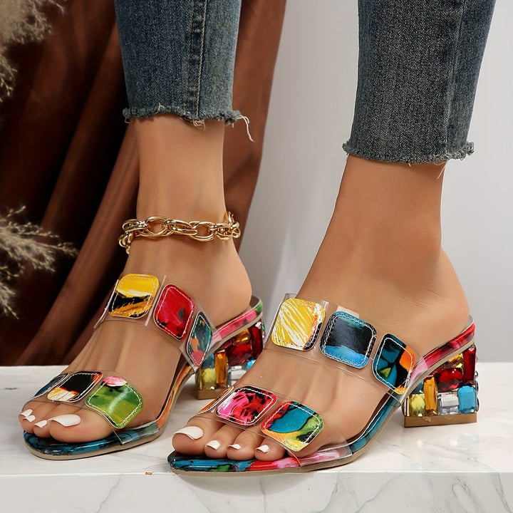Damen Sandalen Blockabsatz Offene Zehen Bunt Dekorativ