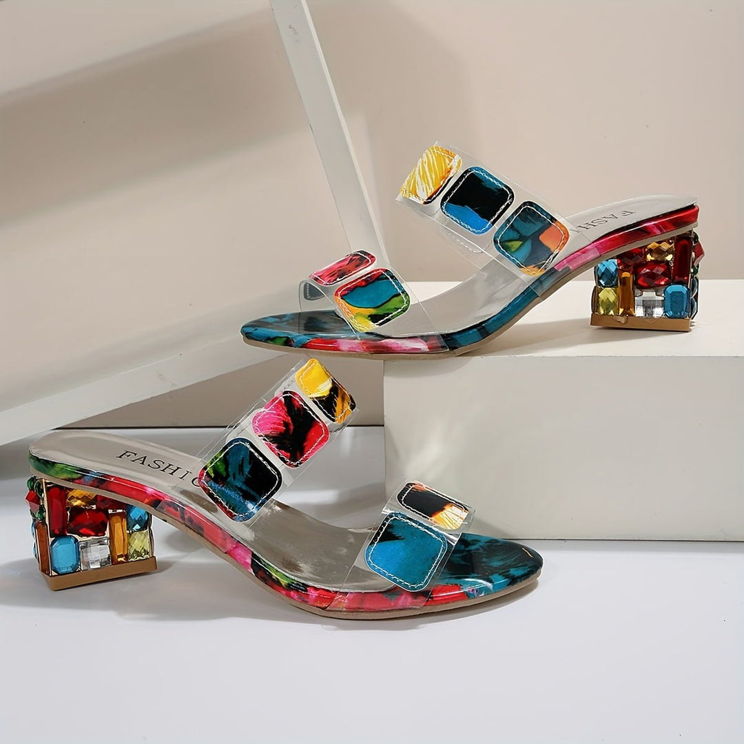 Damen Sandalen Blockabsatz Offene Zehen Bunt Dekorativ - Multicolor