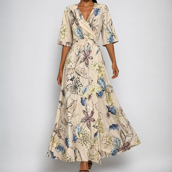 Damen Satin Blumen Wickel V-Ausschnitt Gürtel Maxi Kleid - Beige