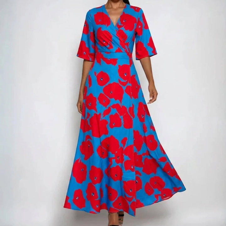 Damen Satin Blumen Wickel V-Ausschnitt Gürtel Maxi Kleid - Red
