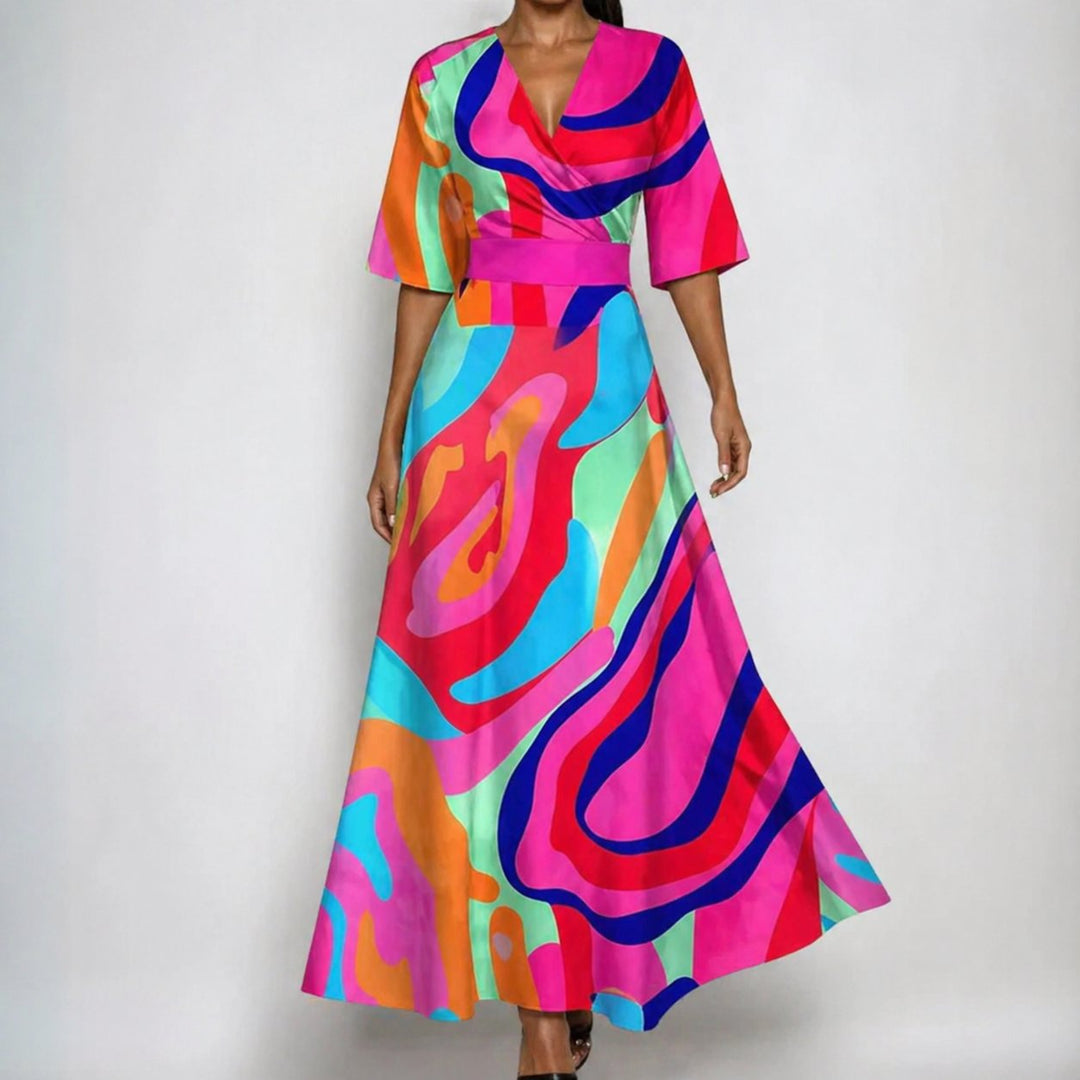 Damen Satin Blumen Wickel V-Ausschnitt Gürtel Maxi Kleid - Fuschia