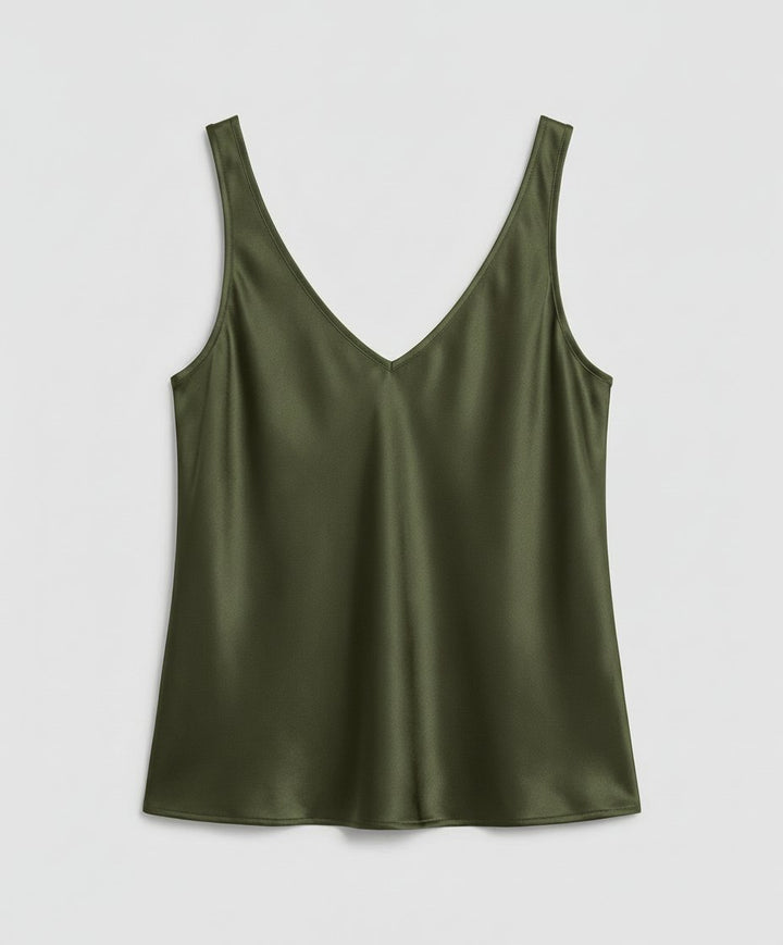 Damen Satin Camisole Top V-Ausschnitt Breite Träger - Army Green