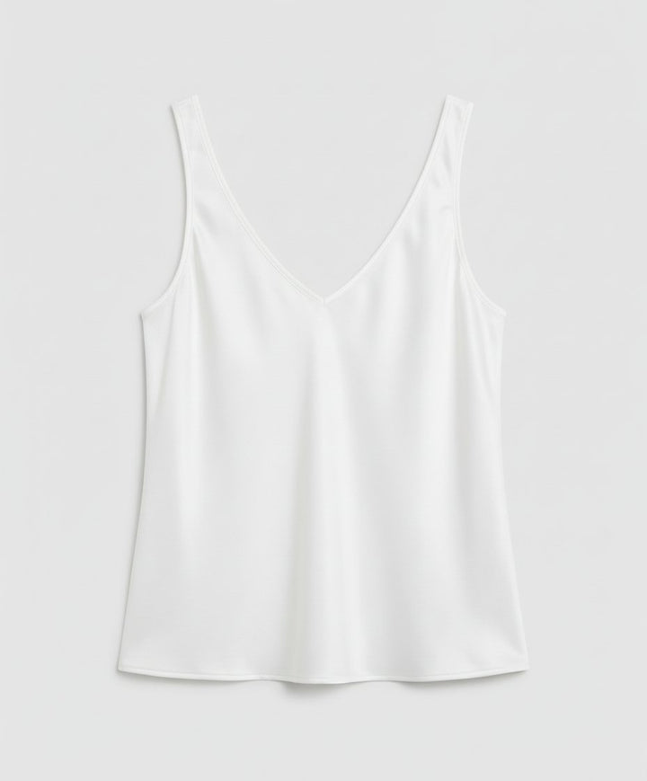 Damen Satin Camisole Top V-Ausschnitt Breite Träger - White