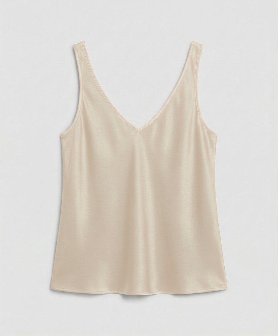 Damen Satin Camisole Top V-Ausschnitt Breite Träger - Beige
