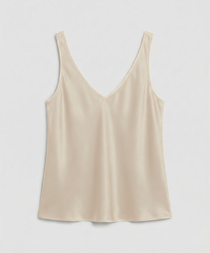 Damen Satin Camisole Top V-Ausschnitt Breite Träger - Beige