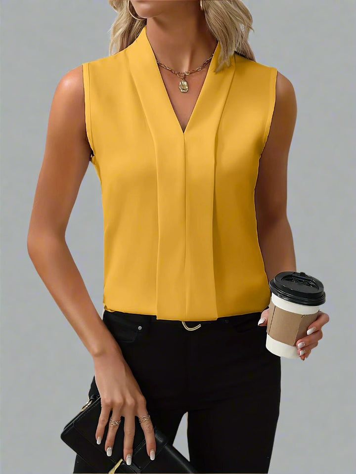 Damen Satin Ärmellose V-Ausschnitt Bluse - Yellow
