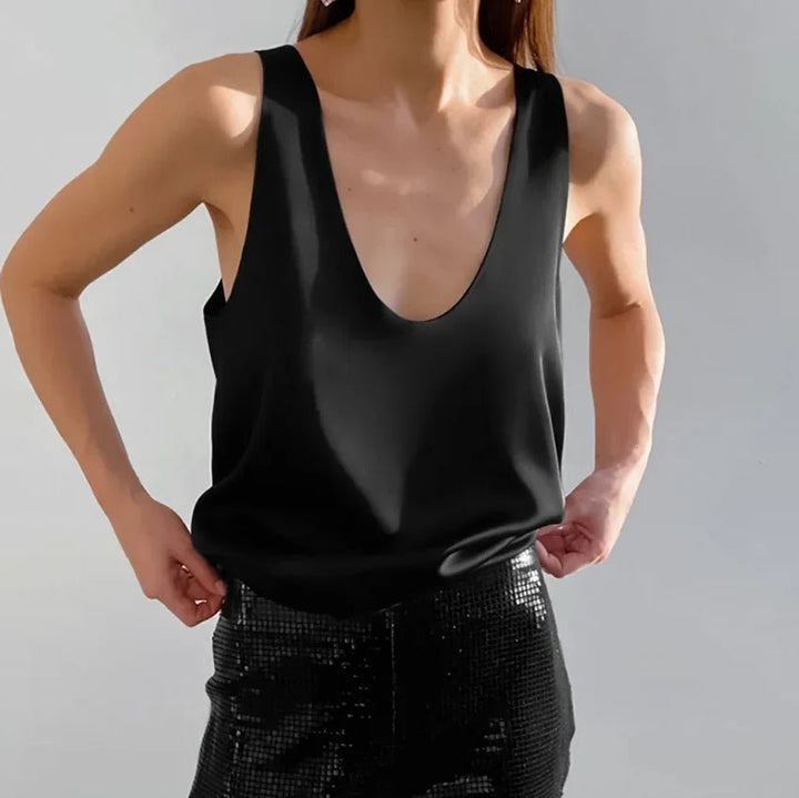 Damen Satin Tank Top Tief U-Ausschnitt Relaxed Fit - Black