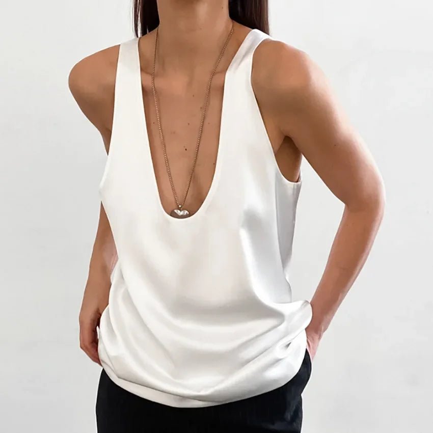 Damen Satin Tank Top Tief U-Ausschnitt Relaxed Fit - White