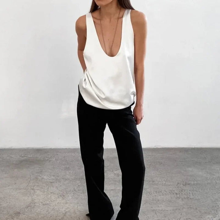 Damen Satin Tank Top Tief U-Ausschnitt Relaxed Fit