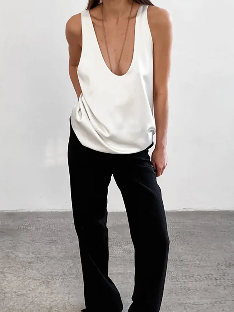 Damen Satin Tank Top Tief U-Ausschnitt Relaxed Fit