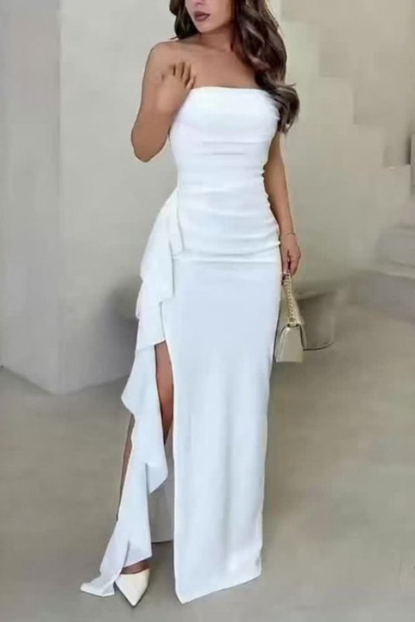 Damen Satin Trägerlos Wickelkleid Maxi - White