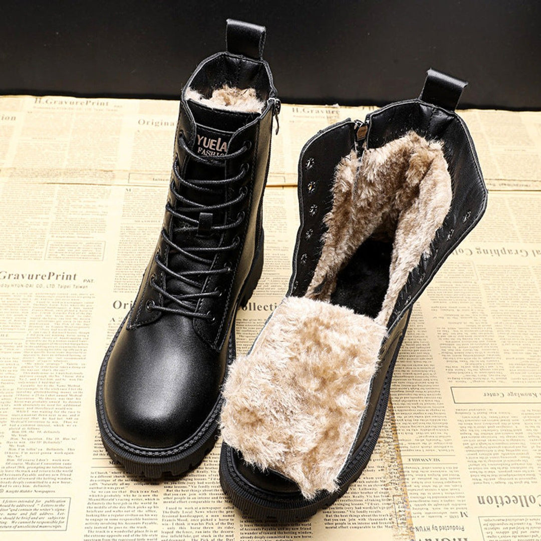 Damen Schnürstiefeletten Gefütterte Schwarze Winterstiefel mit Reißverschluss - Schwarz