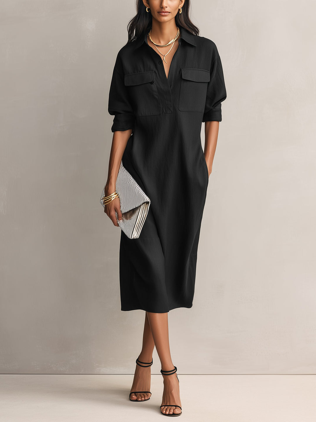 Damen Schwarzes Lässiges Midi Hemdbkleid V-Ausschnitt Leinen