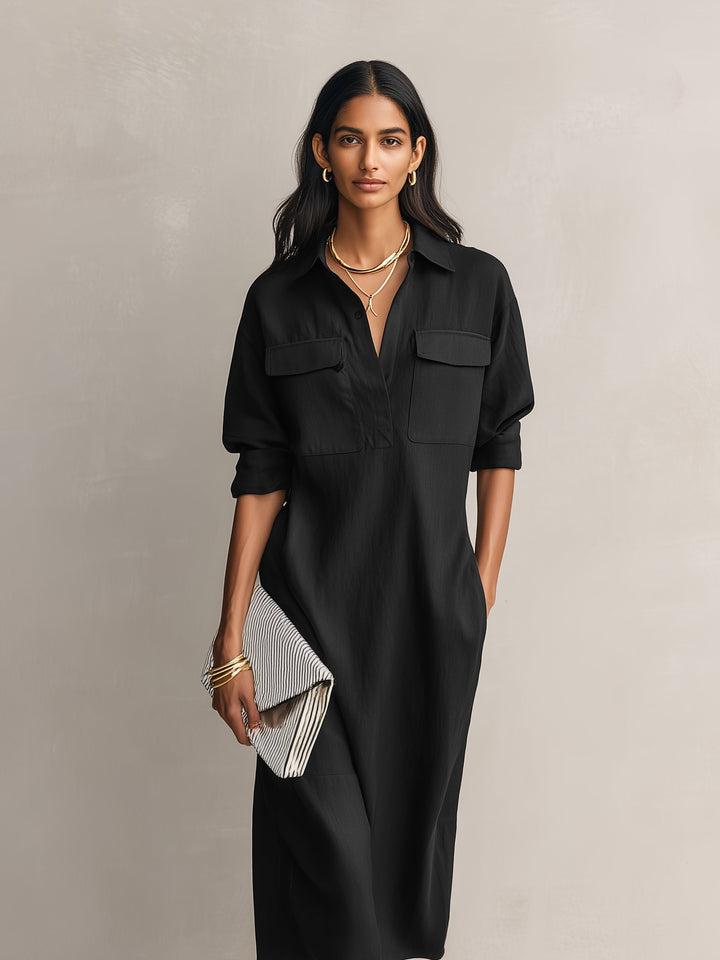 Damen Schwarzes Lässiges Midi Hemdbkleid V-Ausschnitt Leinen