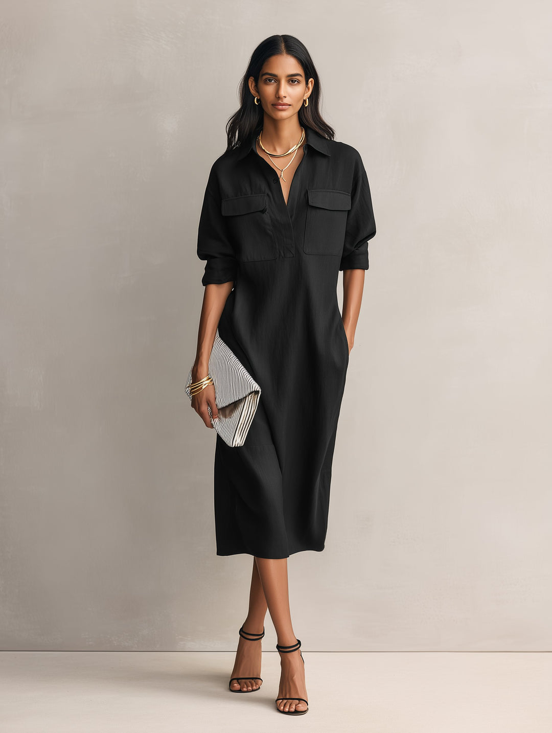 Damen Schwarzes Lässiges Midi Hemdbkleid V-Ausschnitt Leinen