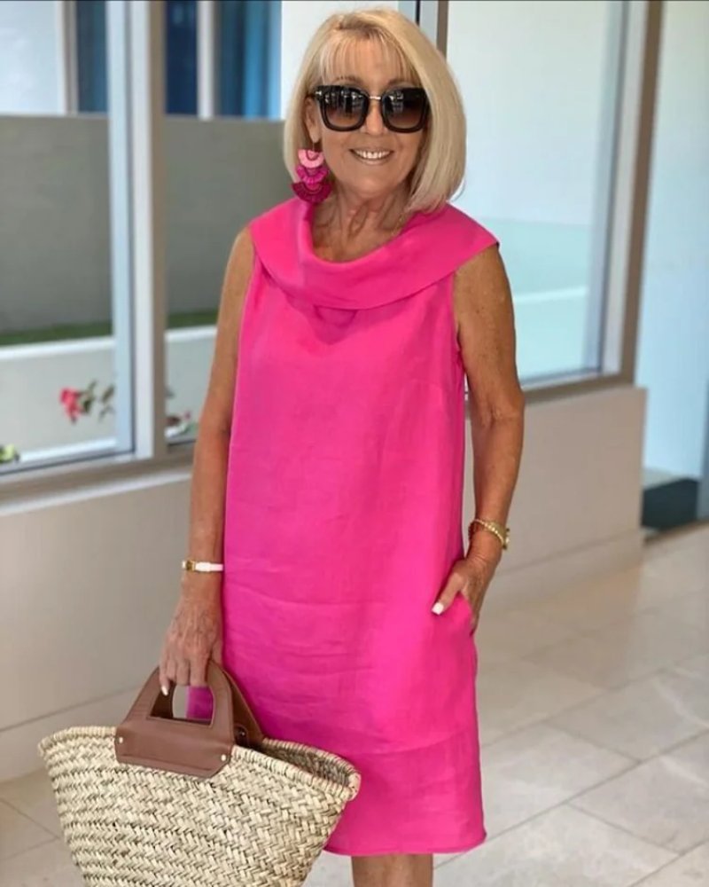 Damen Sommer Ärmellos Leichtes Kleid Weiter Ausschnitt - Pink