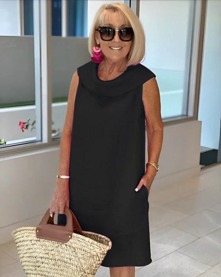 Damen Sommer Ärmellos Leichtes Kleid Weiter Ausschnitt - Black